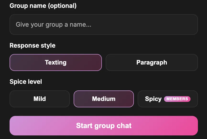 Group chat settings: response style and spice level