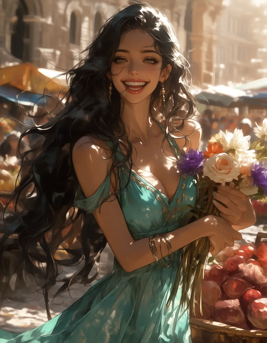A semi-realistic companion holding flowers at a market